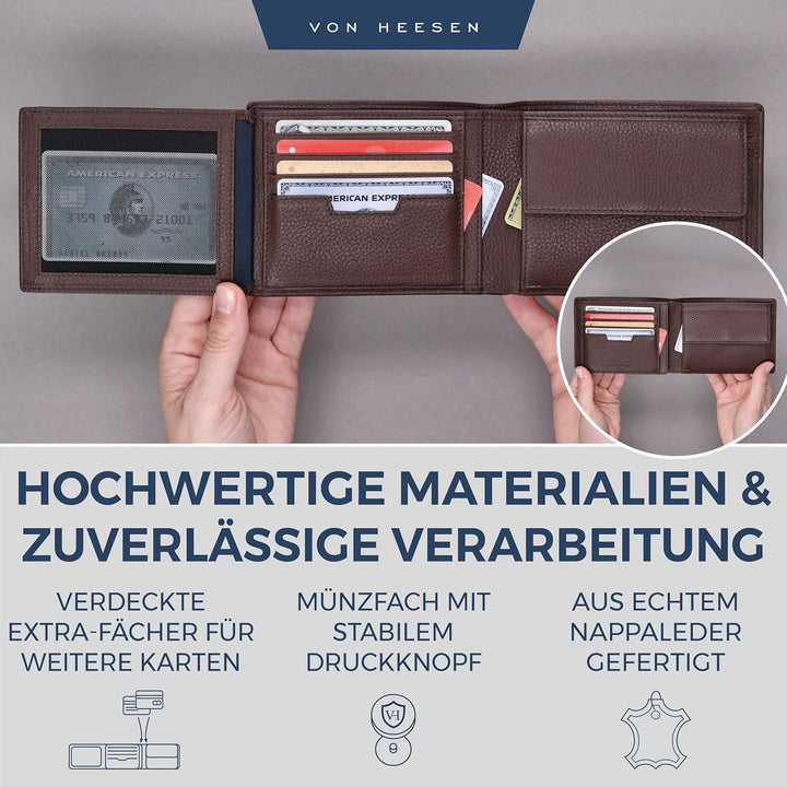 VON HEESEN Leder Geldbörse Herren mit RFID Schutz I Echtleder Geldbeutel für Männer I Münzbörse Port