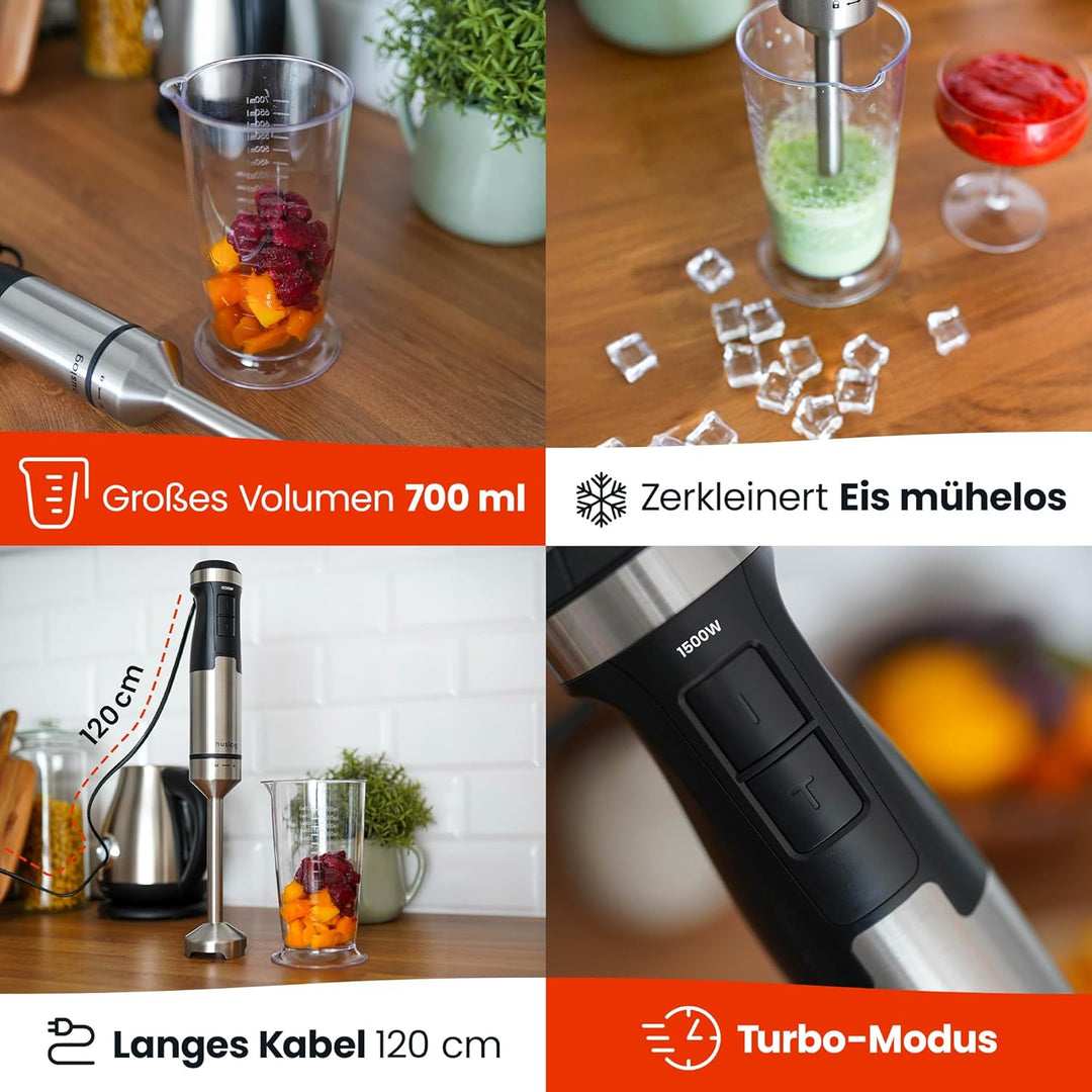 BlendFlex Stabmixer 1500W – Edelstahl Handmixer mit 20 Geschwindigkeiten & Turbo-Funktion, inkl. 600
