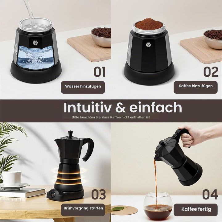 Espressokocher, 480W Elektrische Espressokanne 300ml Kaffeekanne 6 Tassen Mokkakanne mit Basis für H