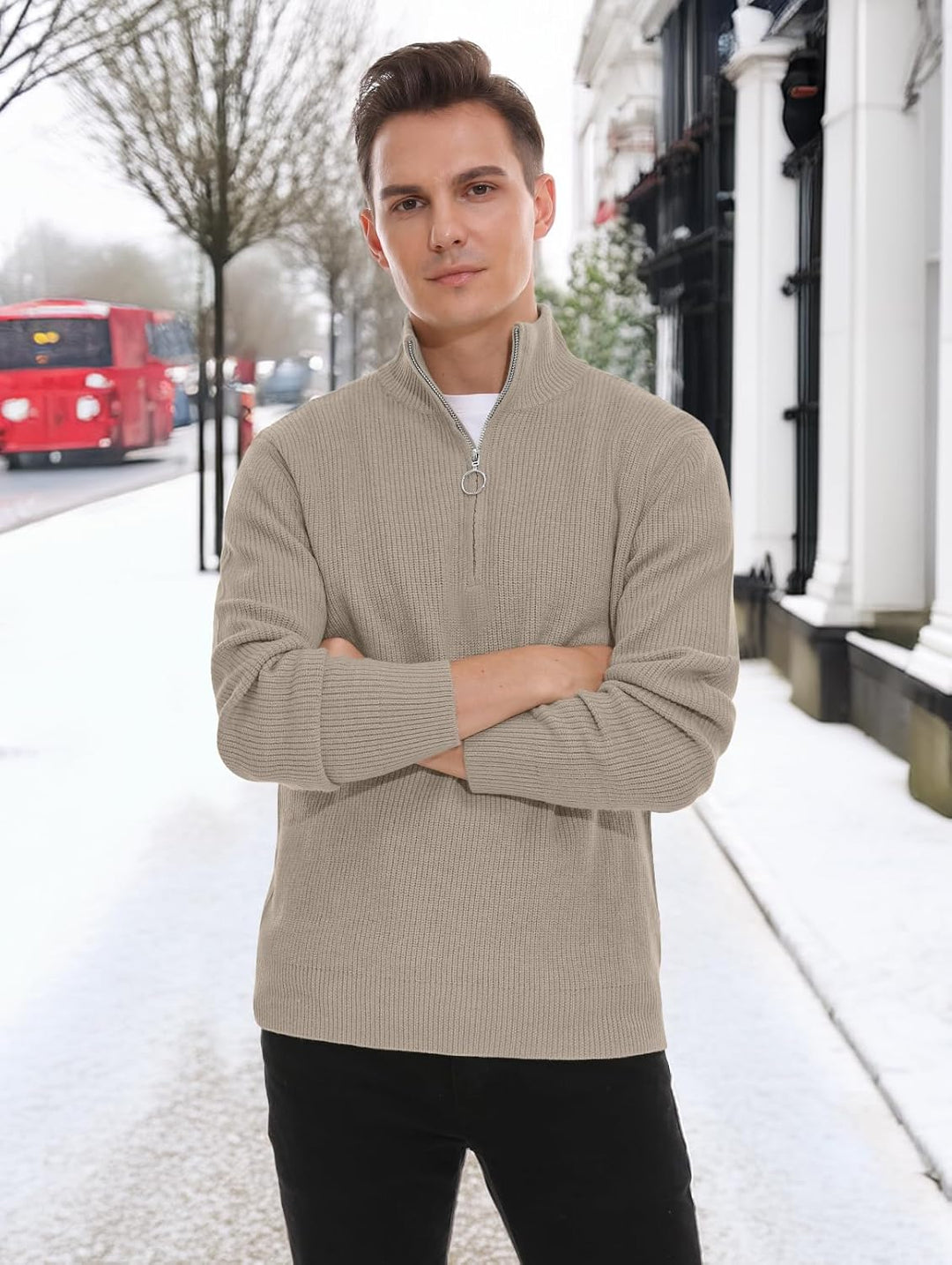 Hisir Pullover Herren Strickpullover 1/4 Zip Pulli Männer, Bequem Weich Warmer Winter Pullover für M