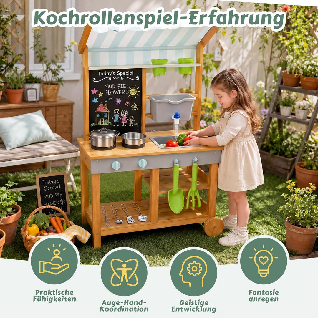 Matschküche Kinder Outdoor Holz mit Wasserdichtem Dach & Rädern, Kinderküche mit Wassertank Wasserha