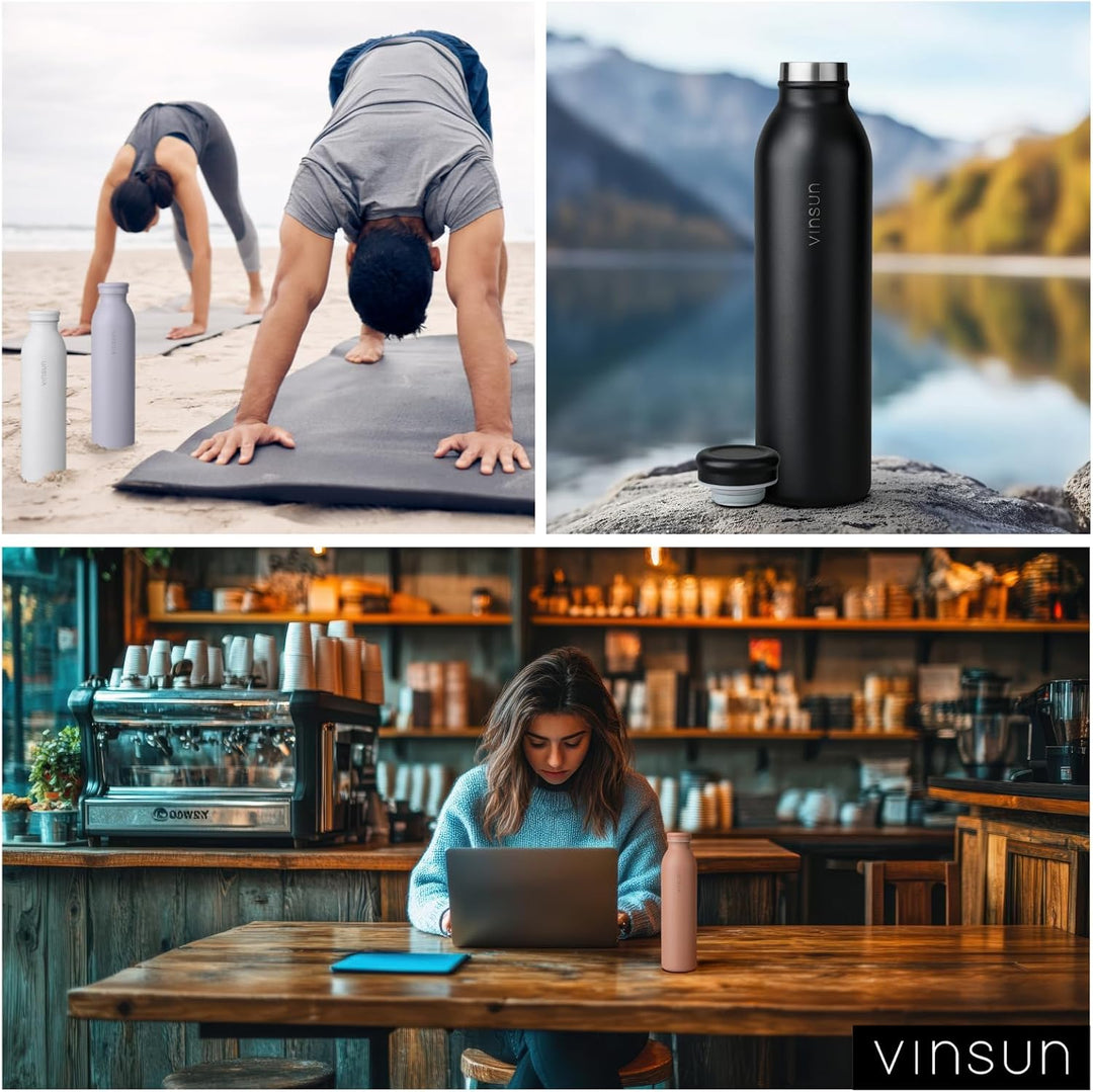 Vinsun Thermosflasche 600ml Schwarz - auslaufsicher, Kohlensäure geeignet | leichte Edelstahl Trinkf
