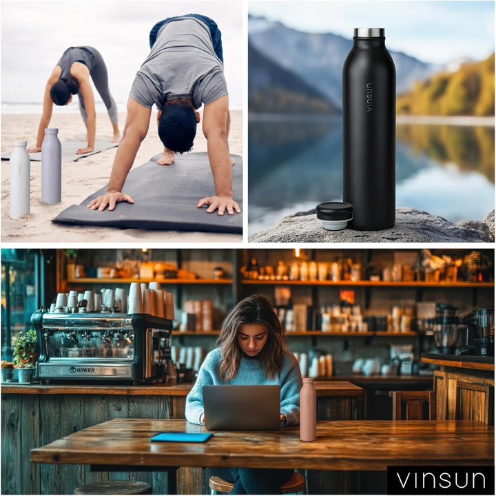 Vinsun Thermosflasche 600ml Schwarz - auslaufsicher, Kohlensäure geeignet | leichte Edelstahl Trinkf