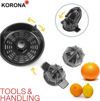 Korona 27020 Zitruspresse | 40 Watt | 0,7 L Kapazität | 2 Presskegelgrössen | Staubschutzdeckel | Re