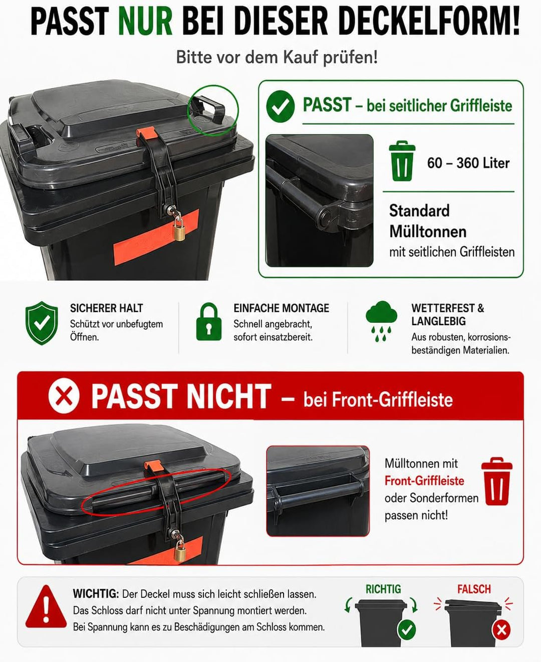 Mülleimerschloss TrashGuard – abschliessbar & ohne Bohren montierbar – schützt vor Fremdmüll & Tiere