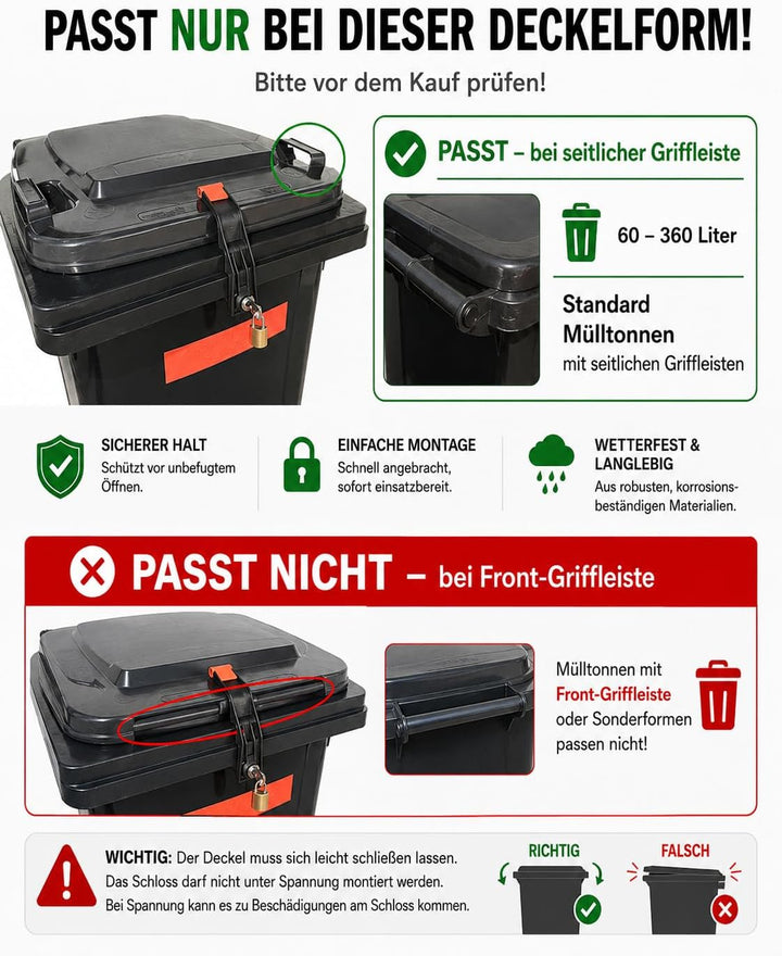 Mülleimerschloss TrashGuard – abschliessbar & ohne Bohren montierbar – schützt vor Fremdmüll & Tiere