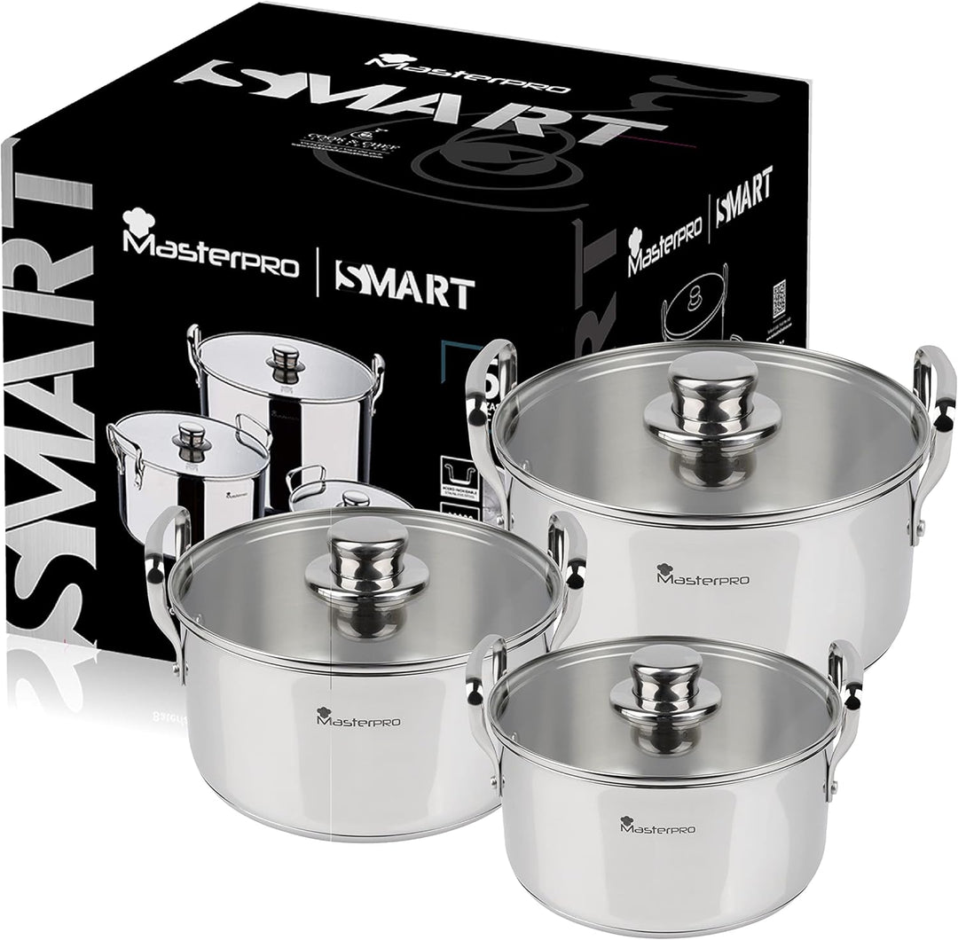 Smart MasterPRO - Küchenbatterie - 6 -Stück -Set mit 20, 24 und 28 cm Glasdeckel - Hergestellt in Ed