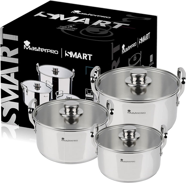 Smart MasterPRO - Küchenbatterie - 6 -Stück -Set mit 20, 24 und 28 cm Glasdeckel - Hergestellt in Ed