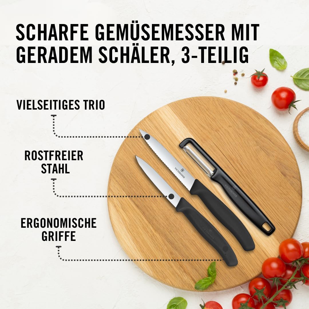 Victorinox Swiss Classic Gemüsemesser Set mit Sparschäler, Schälmesser und Tomatenmesser, 3-teilig,