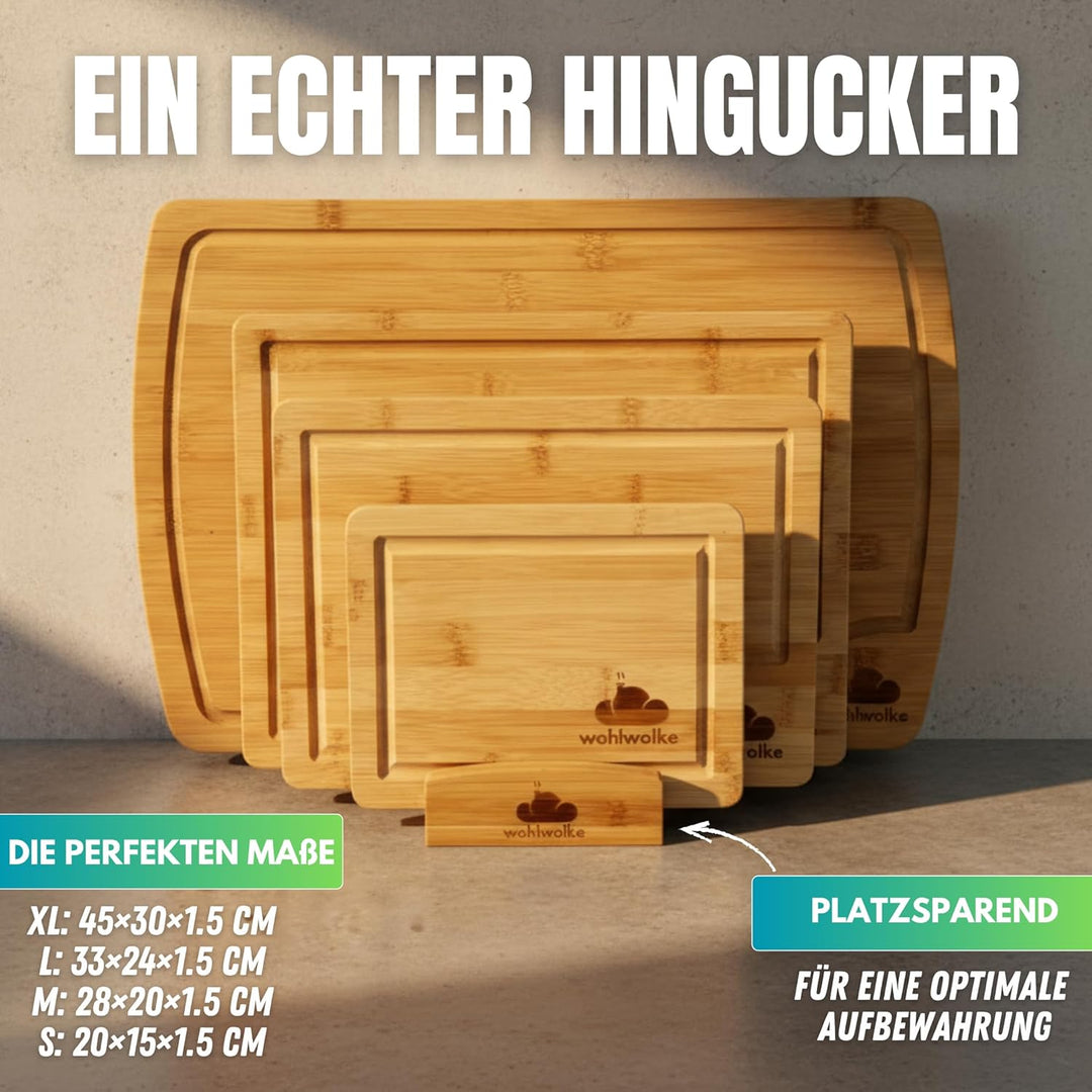 WOHLWOLKE Schneidebrett Holz 4er Set | Bambus Schneidebretter mit Saftrille & Seitengriff | Holzbret