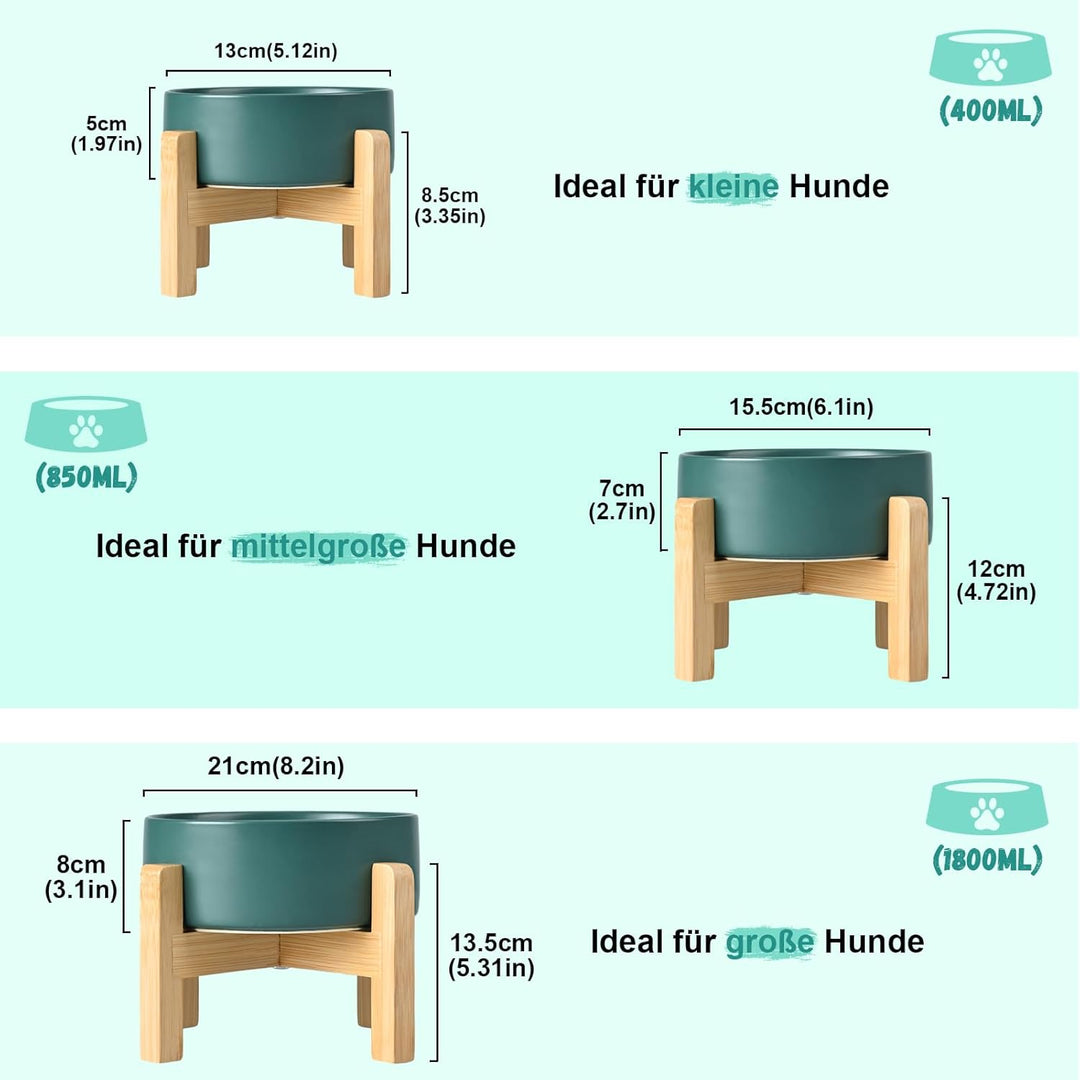 SPUNKYJUNKY Hundenapf Keramik Erhöhter Futternapf Set mit Bambus Ständer für Katzen und Hunde (1800m