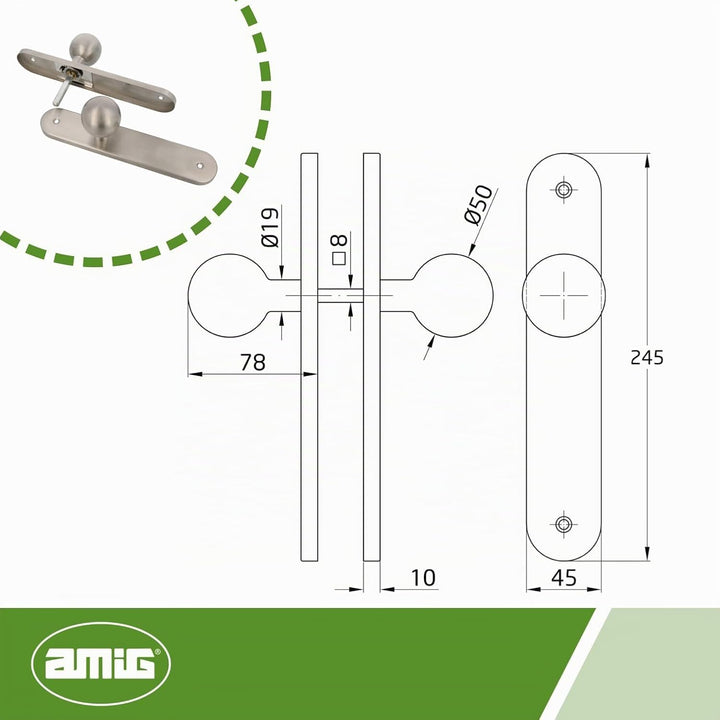 Amig - Runde Drehknauf-Set für Innentüren Mod. 11GP | Ø 62 x 77 mm | rechteckige Plattenverkleidung
