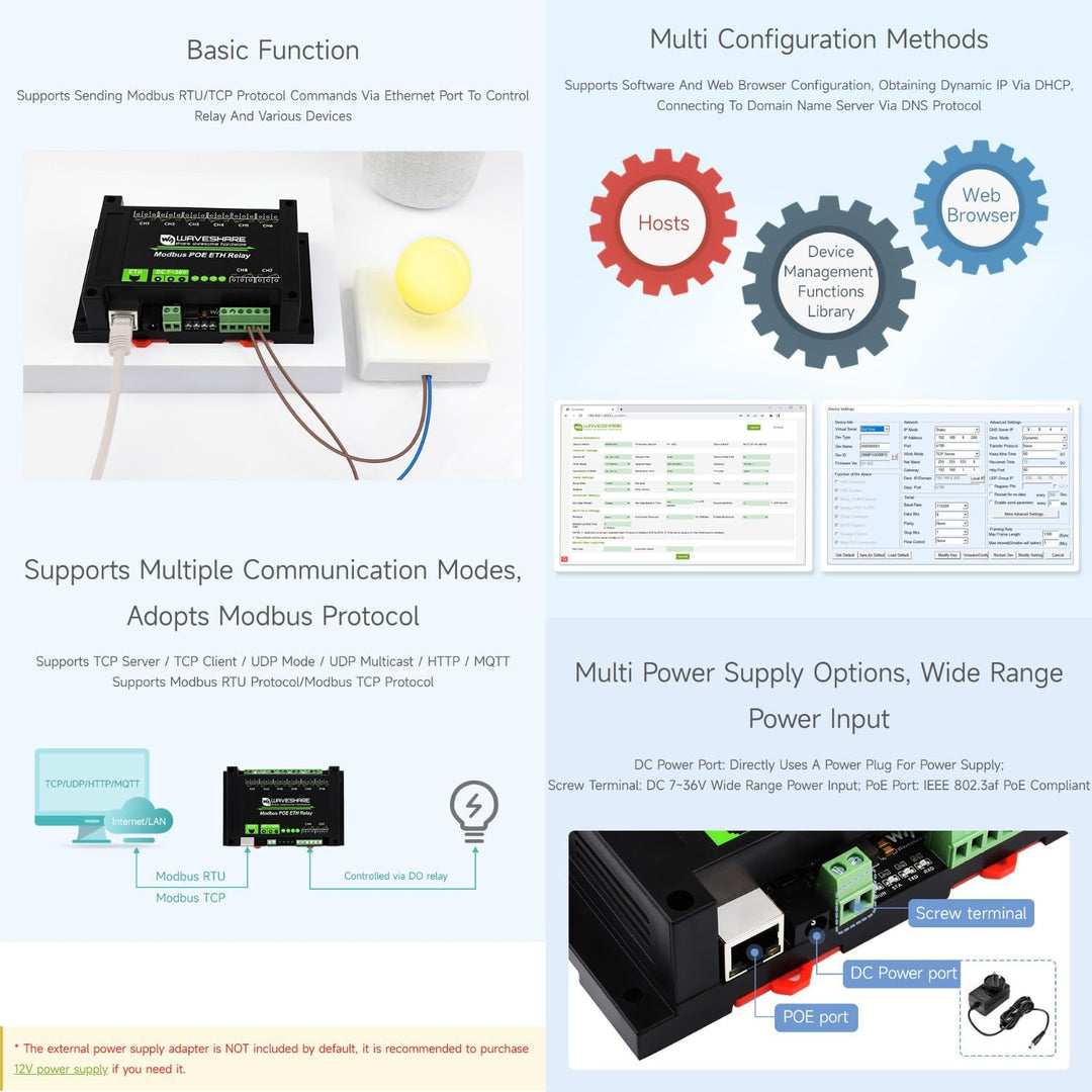 Waveshare 8-Ch Ethernet Relay Module, Modbus RTU/Modbus TCP Protocol, PoE Port Communication, with V
