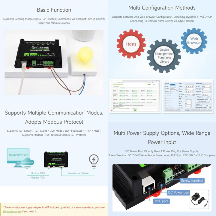 Waveshare 8-Ch Ethernet Relay Module, Modbus RTU/Modbus TCP Protocol, PoE Port Communication, with V