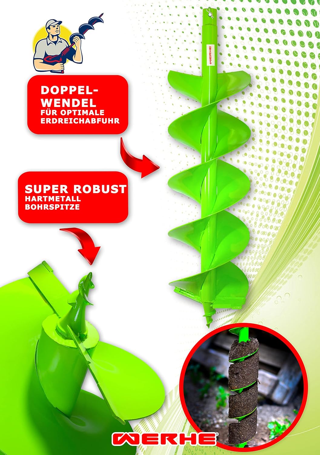 WERHE® Profi Bohrer, Erdbohrer für bohrmaschine 180 mm DoppelWelle robust mit m14 Adapter - Pfahlboh