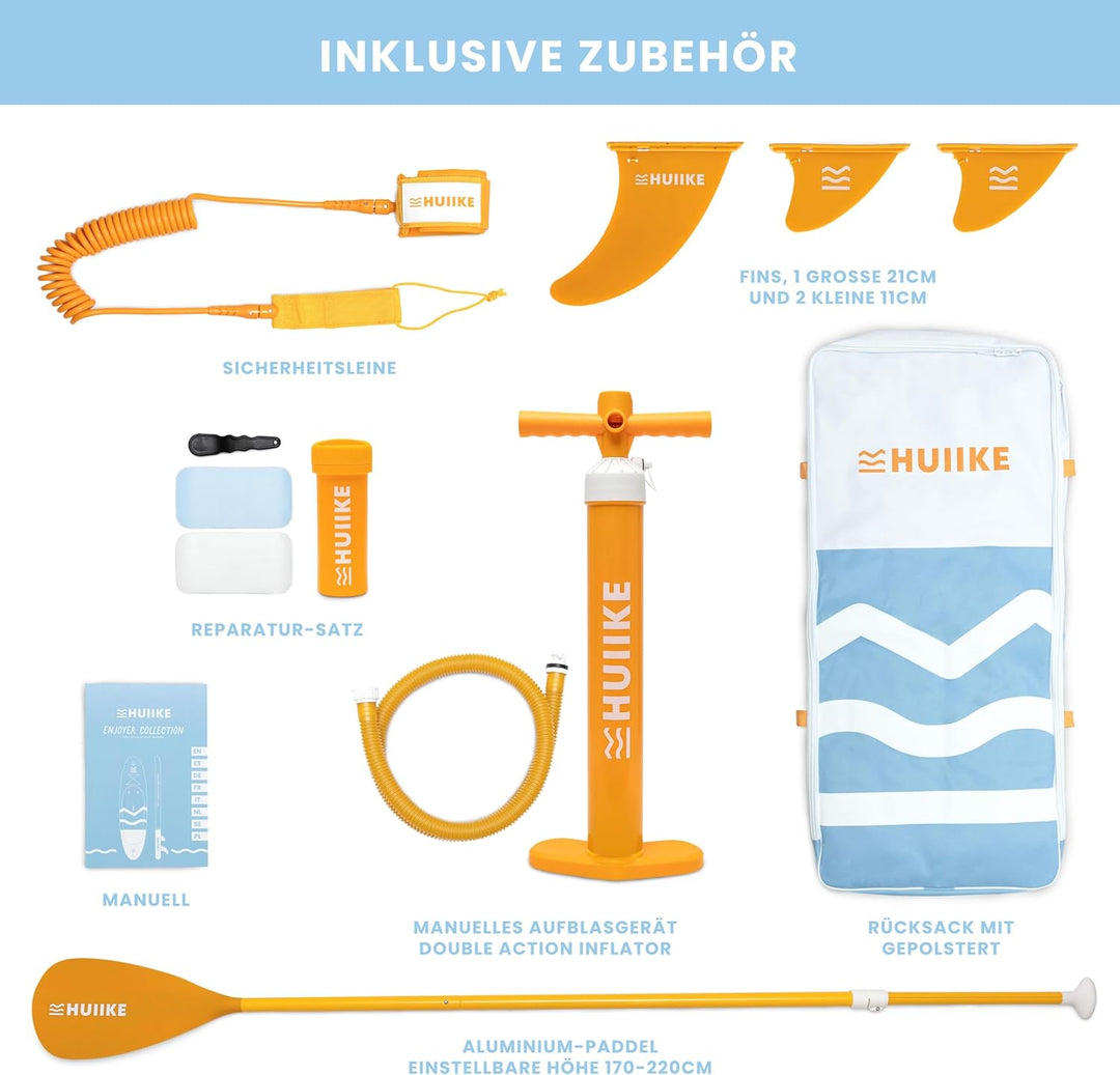 HUIIKE Stand Up Paddling Board mit Zubehör, Paddel, Finnen, Leash, Pumpe, Rucksack. SUP-Board Aufbla