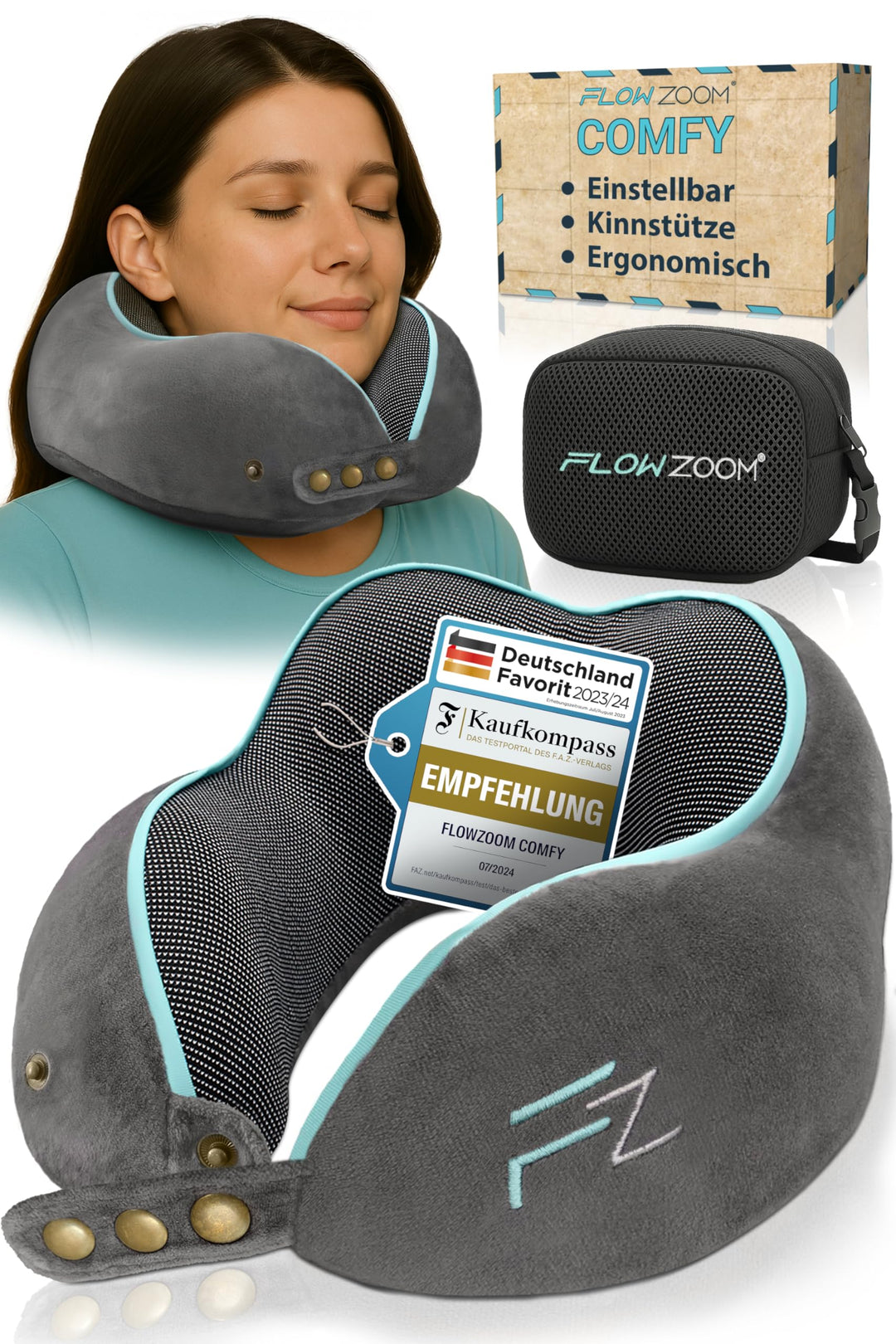 FLOWZOOM® Comfy Nackenhörnchen Nackenkissen Flugzeug & Auto Reise-Kissen aus Memory-Foam mit schmale