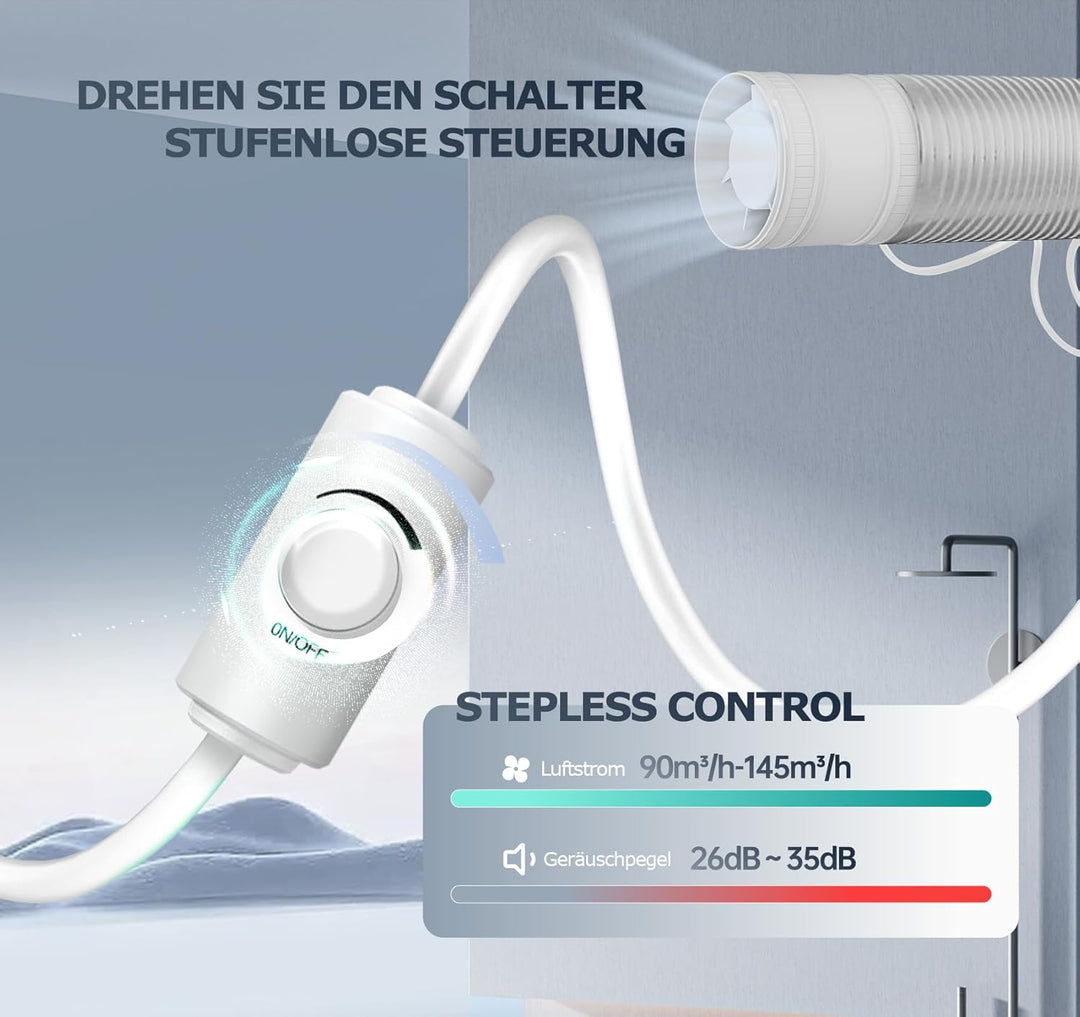 Rohrventilator 100 mm Regelbare Geschwindigkeit, 145m³/h Rauchabzug Ventilator, Rohrlüfter Leise mit