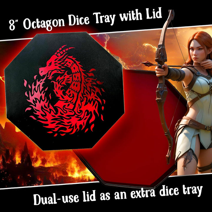 Fantasydice RED Fire Dragon with Wizard Book Print Dice Tray 8" Octagon with Lid and Dice Staging Ar