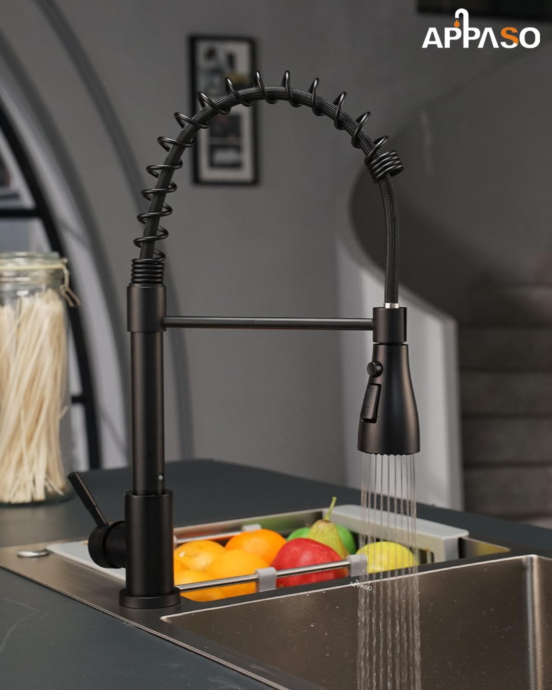 APPASO Wasserhahn Küche Schwarz, Hochdruck Küchenarmatur mit Brause, Mischbatterie Küche mit 3 Strah