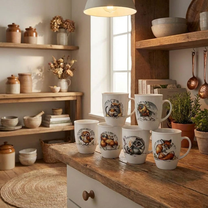 L.E.R.D.93 Tassen 6er Set mit Tiermotiven Fuchs Waschbär Faultier Biene Vogel Maus Made in Germany P