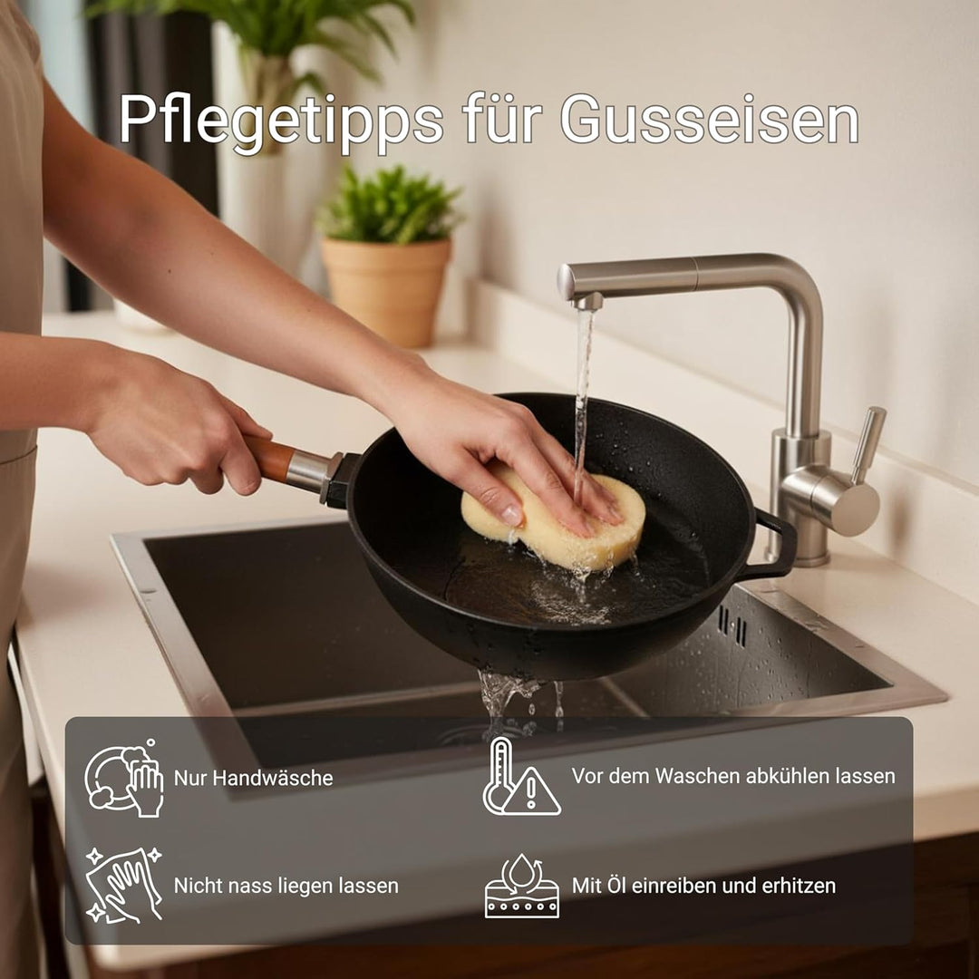 BIOL Gusseisenpfanne 22 cm mit Glasdeckel – tiefe Bratpfanne | Abnehmbarer Holzgriff, Ohne Beschicht