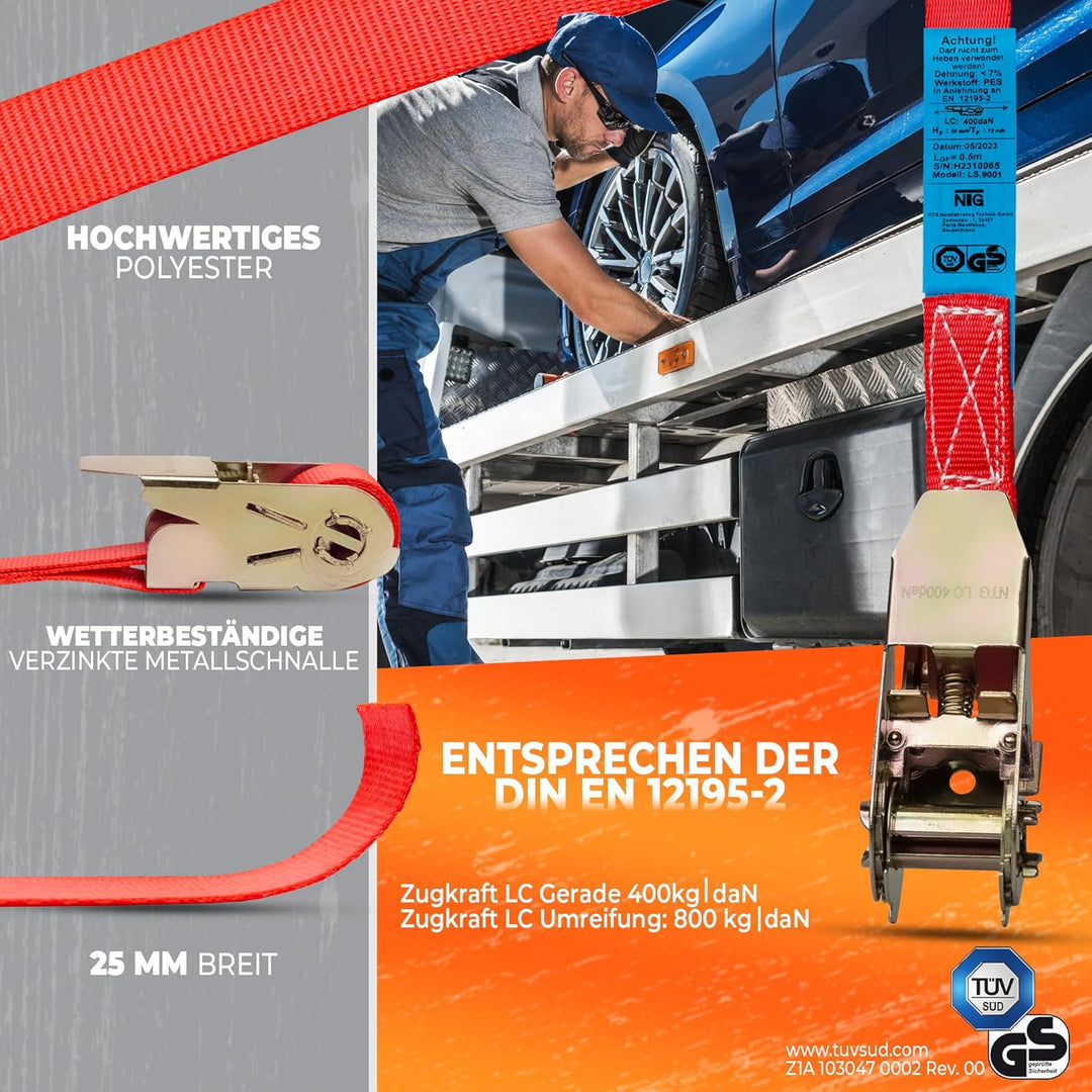 Spanngurte mit Ratsche (20 Stück) TÜV/GS geprüft | 800 kg 6m | zweiteilig mit Haken | Ratschengurt |