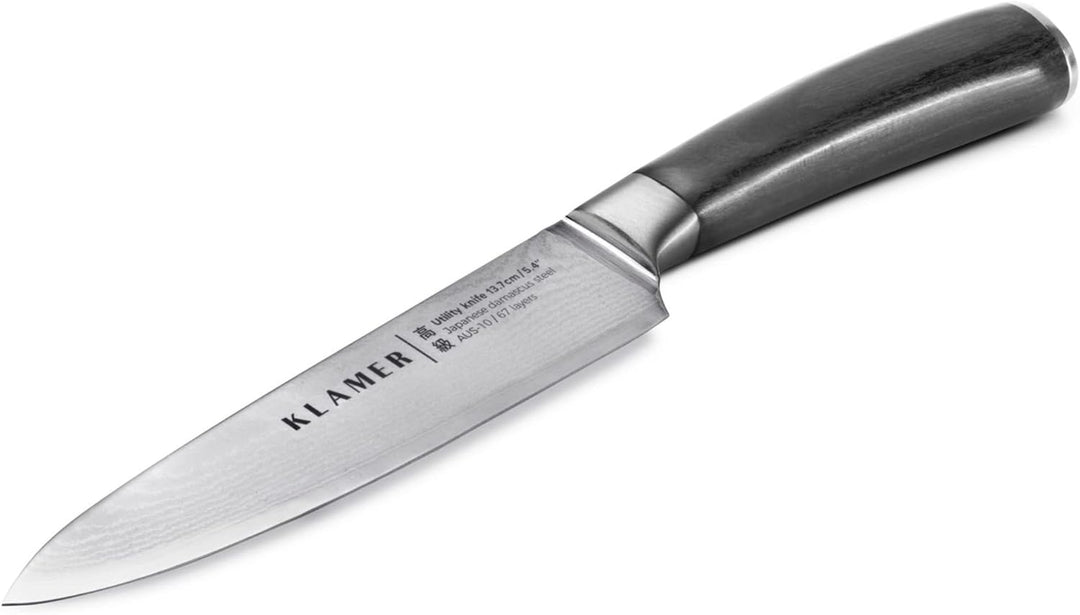 KLAMER Damast Allzweckmesser 13cm, scharfes Küchenmesser, Profi Kochmesser aus japanischem Stahl All