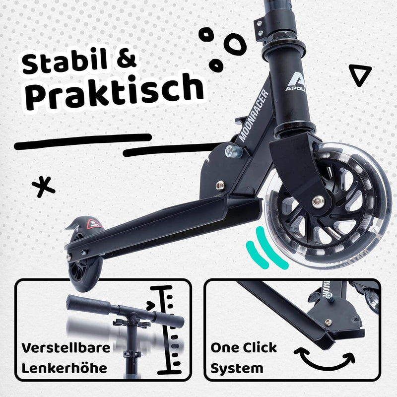 Apollo Scooter LED - Moonracer City Scooter mit Federung, Roller klappbar Tretroller Kinder ab 4 Jah