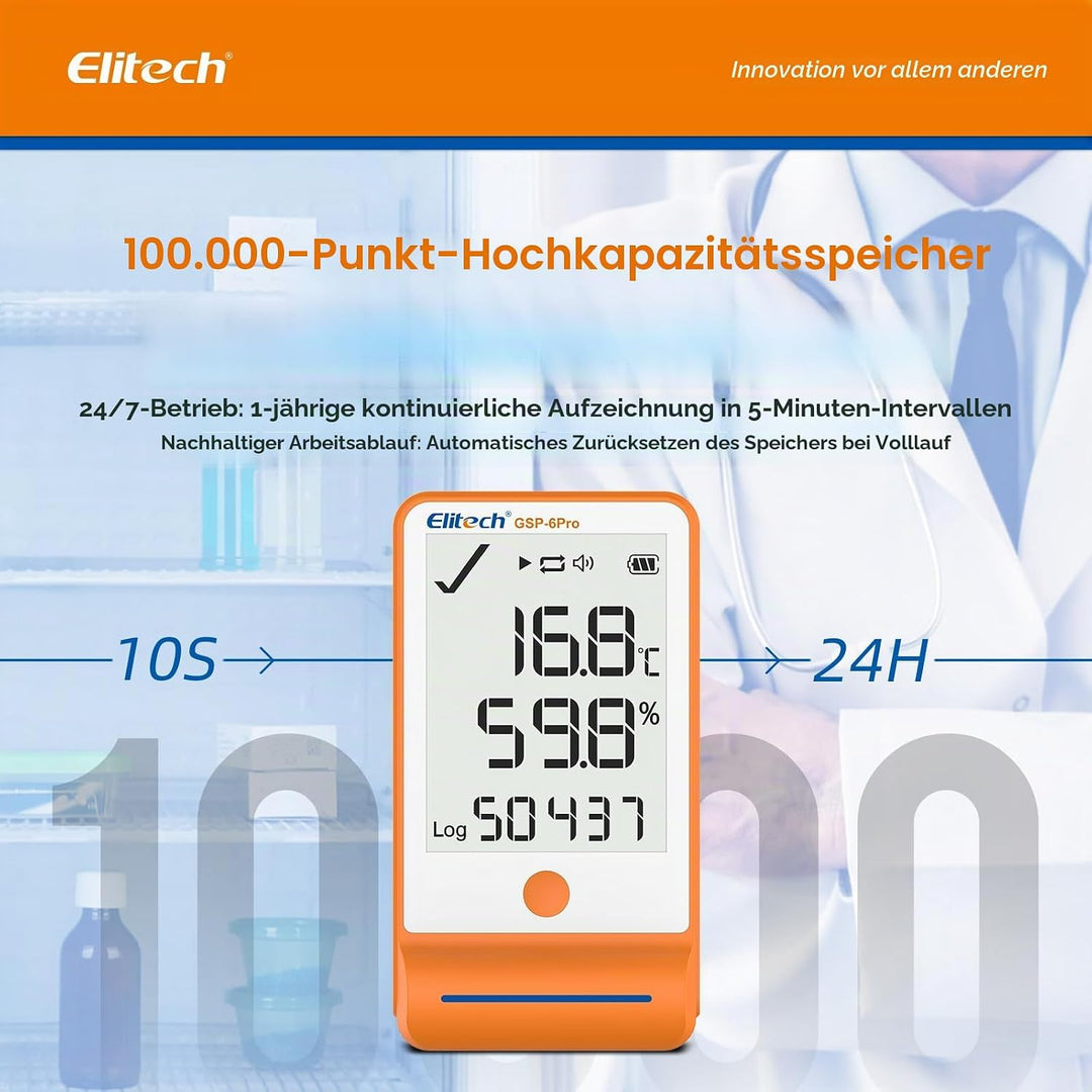 Elitech Temperatur Datenlogger, 16000 Punkte, Daten Aufzeichnungen und Export, Hohe Genauigkeit Sens