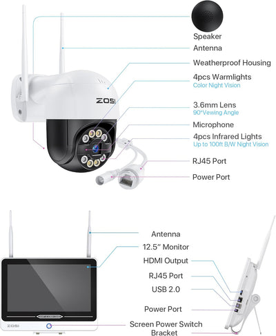 ZOSI 3MP Aussen WLAN Überwachungskamera Set mit 12.5 Zoll Monitor 4X 3MP Video WiFi Kamera und 1TB F