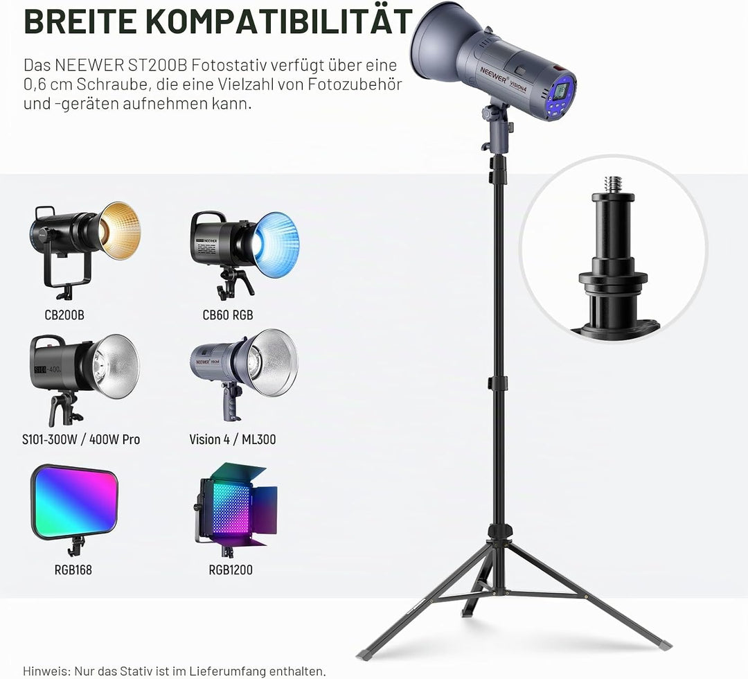 NEEWER ST200B Fotografie Lichtständer, 56–200cm, mit Kugelkopf, 1/4" Schraube, maximale Traglast 4kg