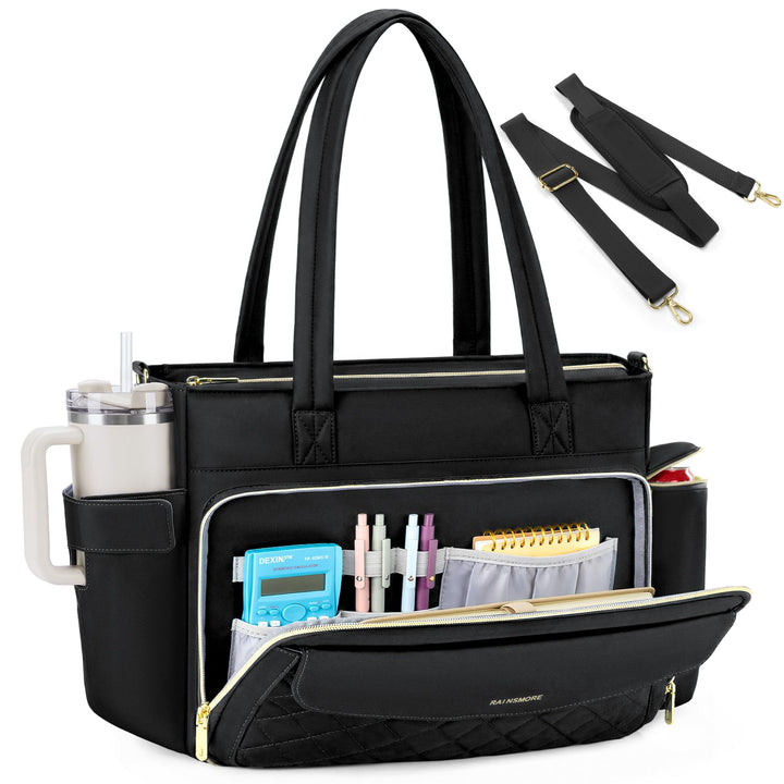 RAINSMORE Lehrertasche Damen Gross Laptoptasche, 15,6 Zoll, Schwarz | Arbeitstasche Isolierfach und