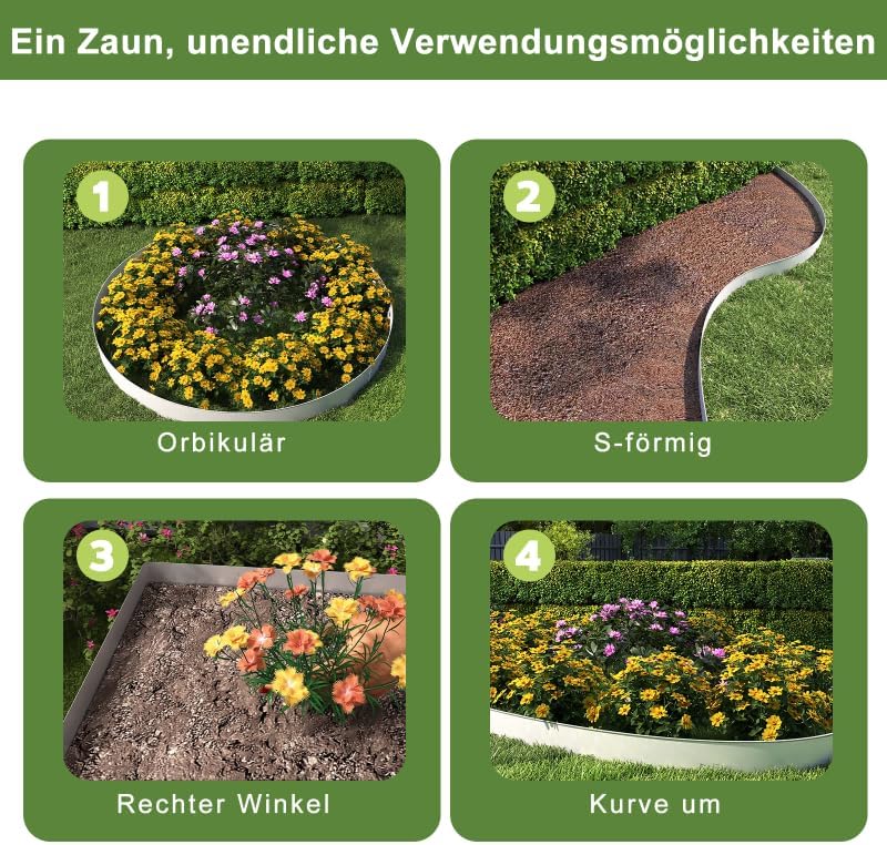 XMTECH Rasenkante Metall 10m Beeteinfassung verzinkt Gartenkante Silber | Flexible Metall Rasenkante