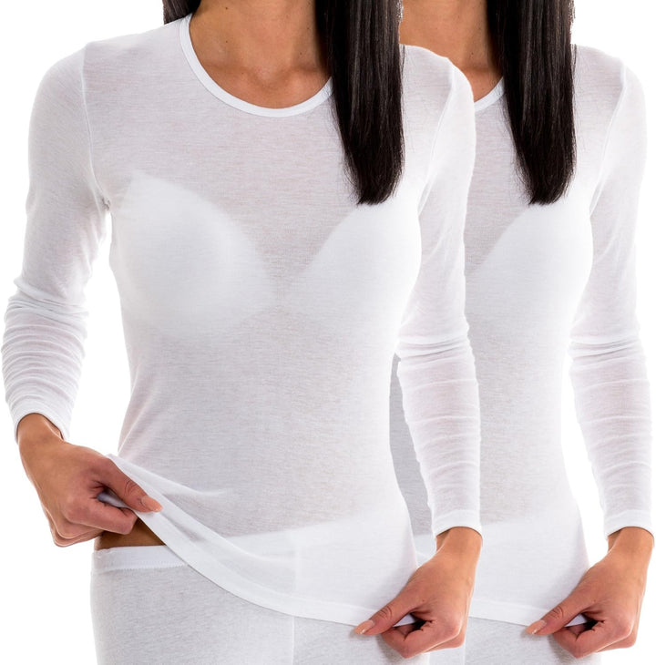 HERMKO 17830 2 Stück Damen Langarm Unterhemd, Shirt aus Baumwolle/Modal L Weiss, L Wei&#xDF;