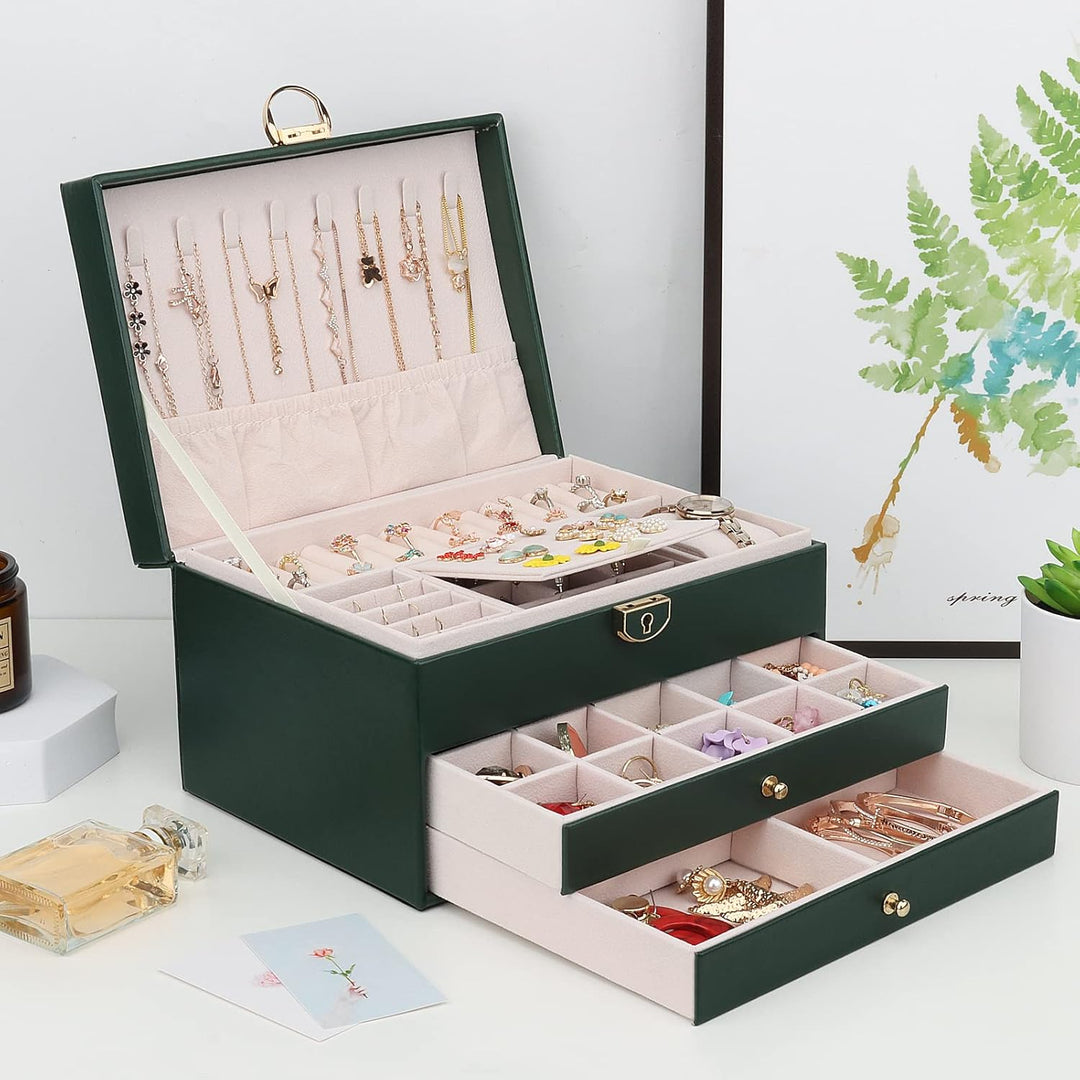 Schmuckkasten, Schmuckkästchen mit 3 Ebenen mit Schubladen, PU-Leder Schmuckbox Schmuckschatulle Gro