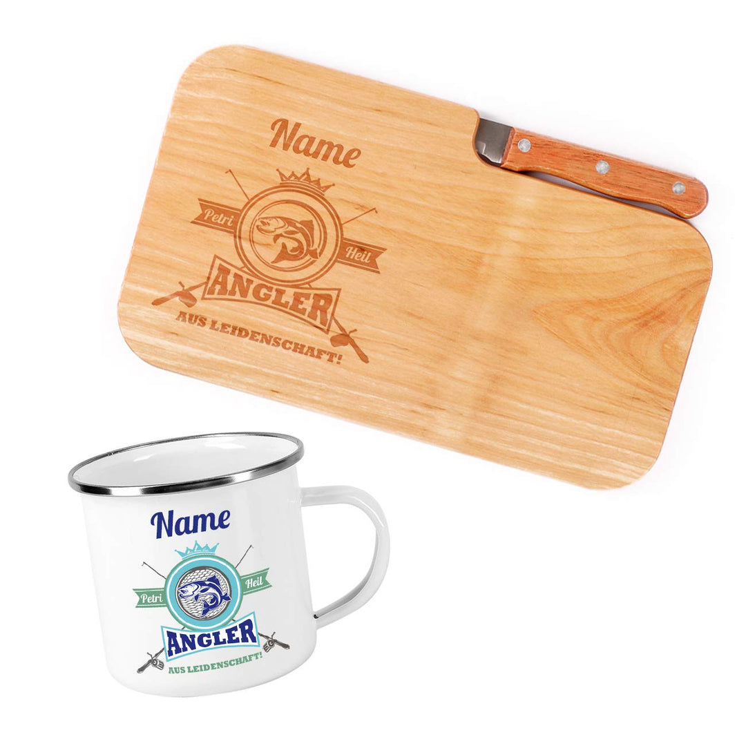 Herz & Heim® Frühstück Set für Angler mit Schneidebrettchen inklusive Messer und Emailletasse - perf