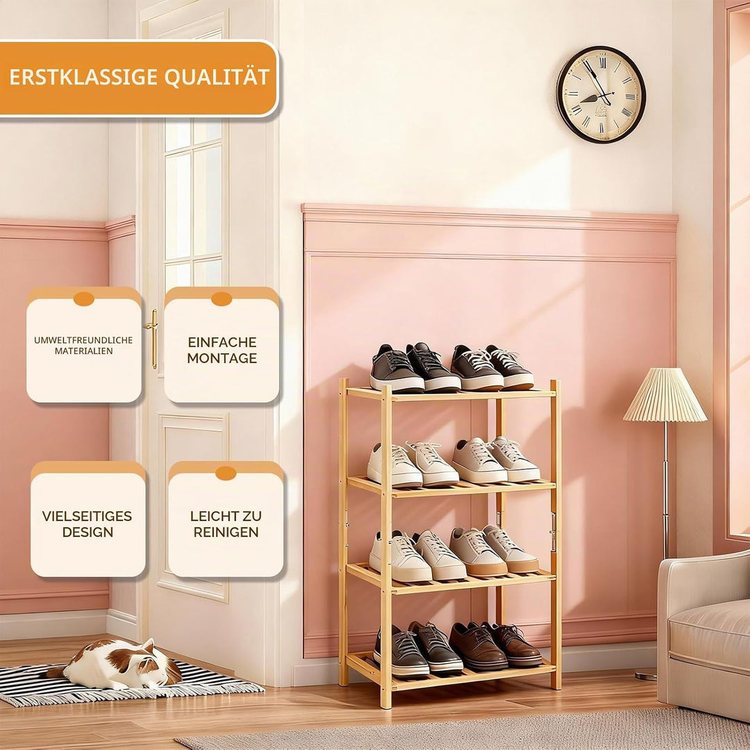 Kleines Schuhregal, Mehrzweck-Schuhregal mit 4 Ebenen, kleine Bambusregale für Schuhe, Pflanzen, Büc