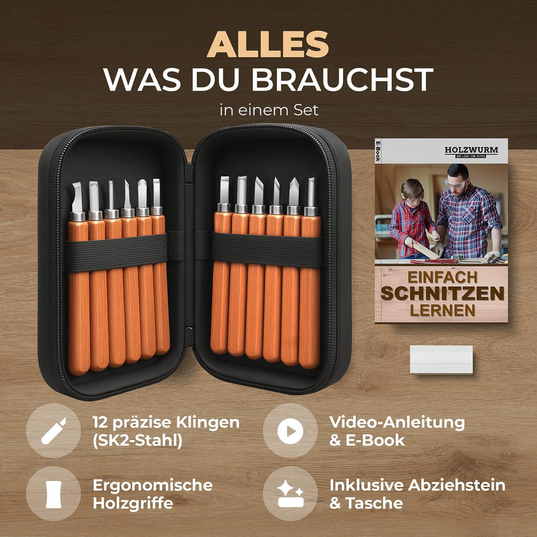 HOLZWURM Holz-Schnitzwerkzeug Set 12-tlg, inkl. Tasche, Anleitung & Abziehstein, ideales Schnitzmess