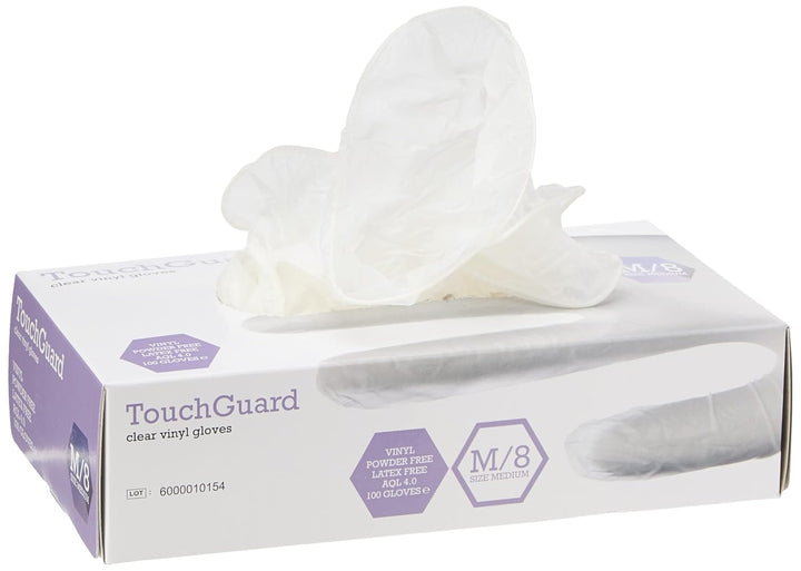 TouchGuard Einweg-Vinylhandschuhe aus Klarem Vinyl, Puderfrei, Schachtel mit 10*100 Stück, Grösse M