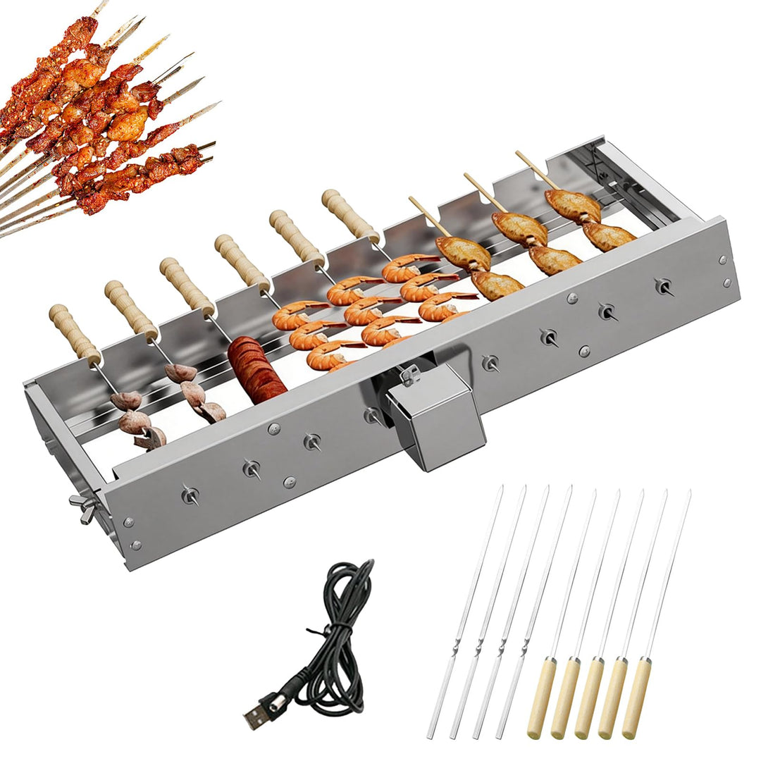 Elektrischer Drehspiess, 50 cm Grillspiessdreher Edelstahl Mit USB Motor 5 U/Min 9 Loch Schaschlik D