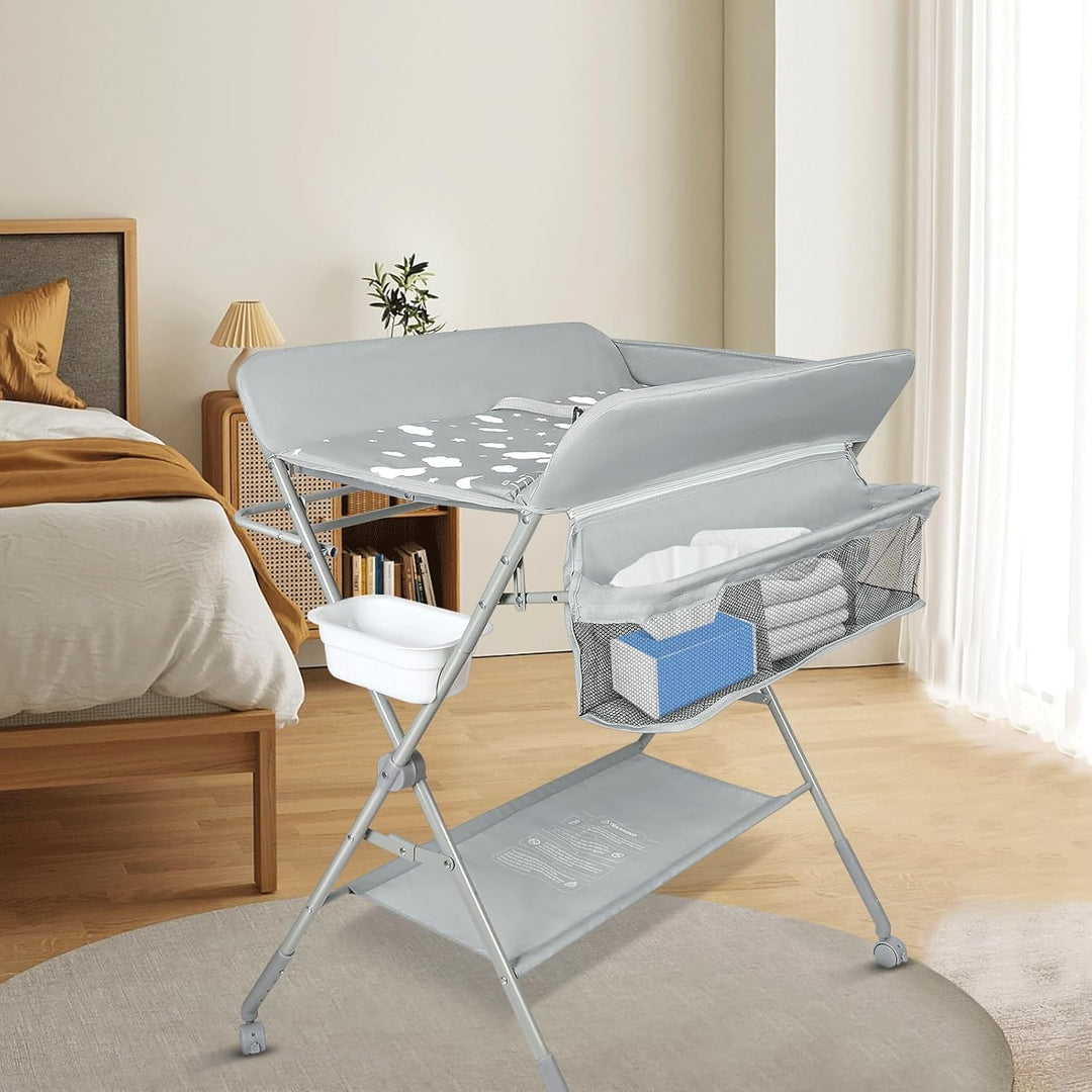 OHMG Baby Wickelkombi Klappbare Wickelkommode,Wickeltisch mit Rollen,Mobiler Wickeltisch mit Wickela
