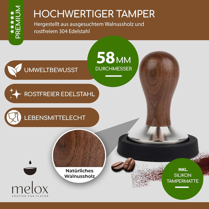 MELOX® - Premium Barista Tamper 58mm aus Edelstahl & Walnussholz (Klassisch) - Kaffee-Stampfer & Kaf
