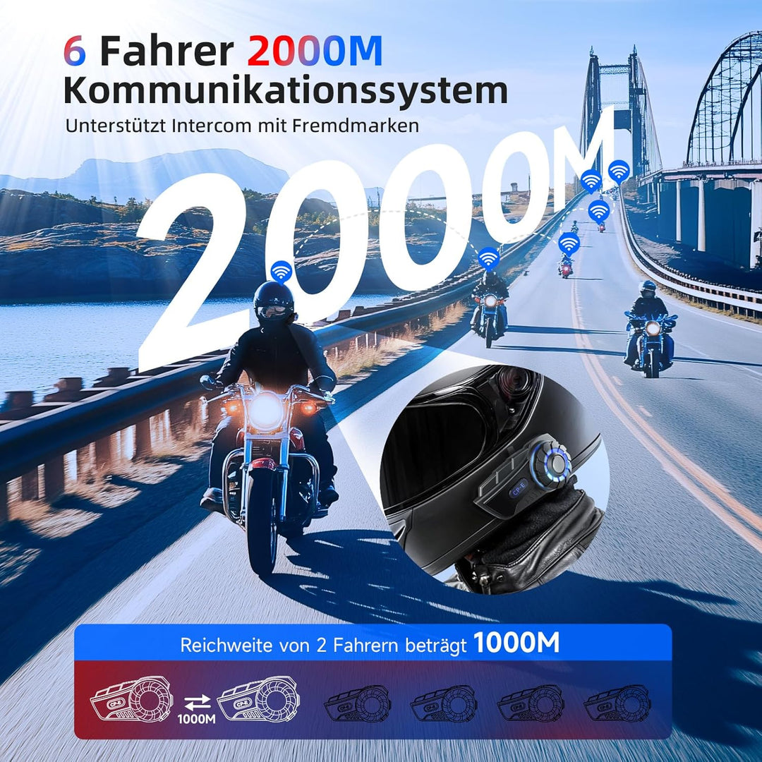Moman Motorrad Headset Intercom, CP-E Motorradhelm Kommunikationssystem für 6 Fahrer mit 2000M HiFi-