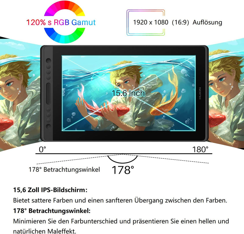HUION Kamvas Pro 16 Grafiktablett mit Display Drawing Tablet mit Tilt-Funktion und 6 Drucktasten+1 T