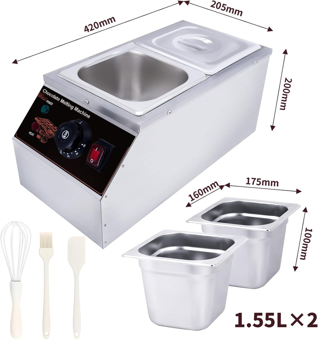 Professionelle Schokolade Temperiermaschine 600W Kommerzielle Schokobrunnen Edelstahl 2x1.55l Tanks