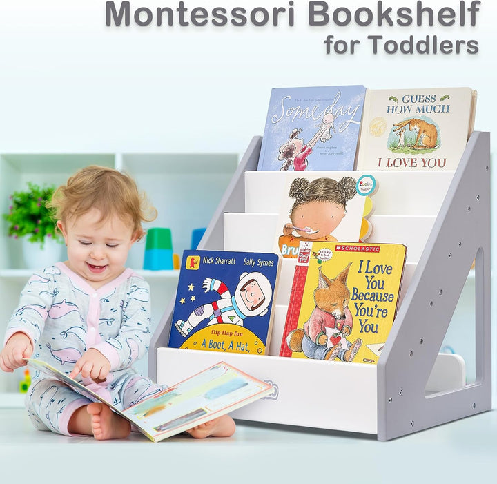 FUNLIO Montessori Bücherregal für Kleinkinder 1-5 Jahre, frontales Kinderbuchregal mit Griff und Kip