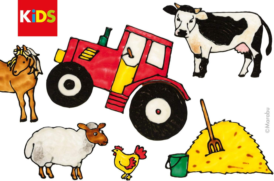 Marabu 0306000000010 - Kids Window Color Farmer mit 6 x 80 ml Farbe, Malvorlage A3 mit 25 Motiven un