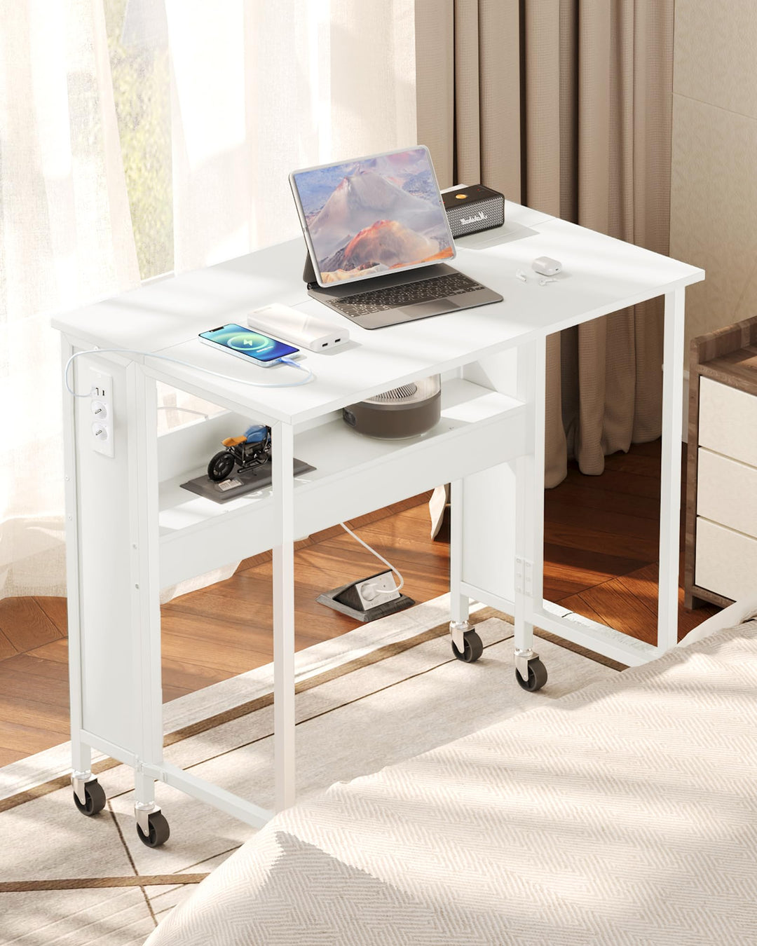 Klappbarer Computertisch mit Rollen, Kleiner Klapptisch mit Ladestation, 80 cm klappbarer Schreibtis
