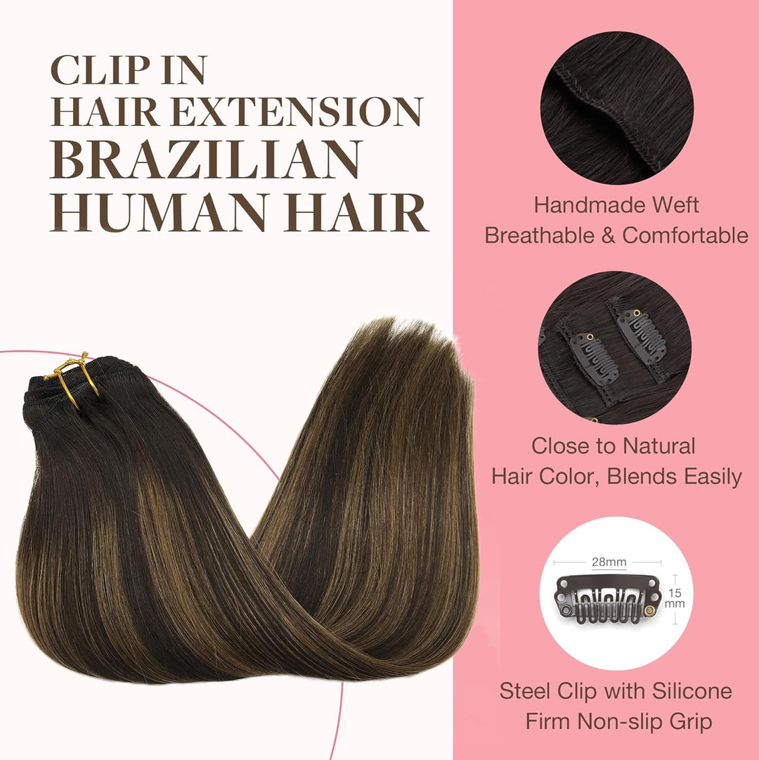 GOO GOO Clip in Extensions Echthaar, Echthaar Extensions Clip, 35cm 120g 7pcs, Clip In Haarverlänger